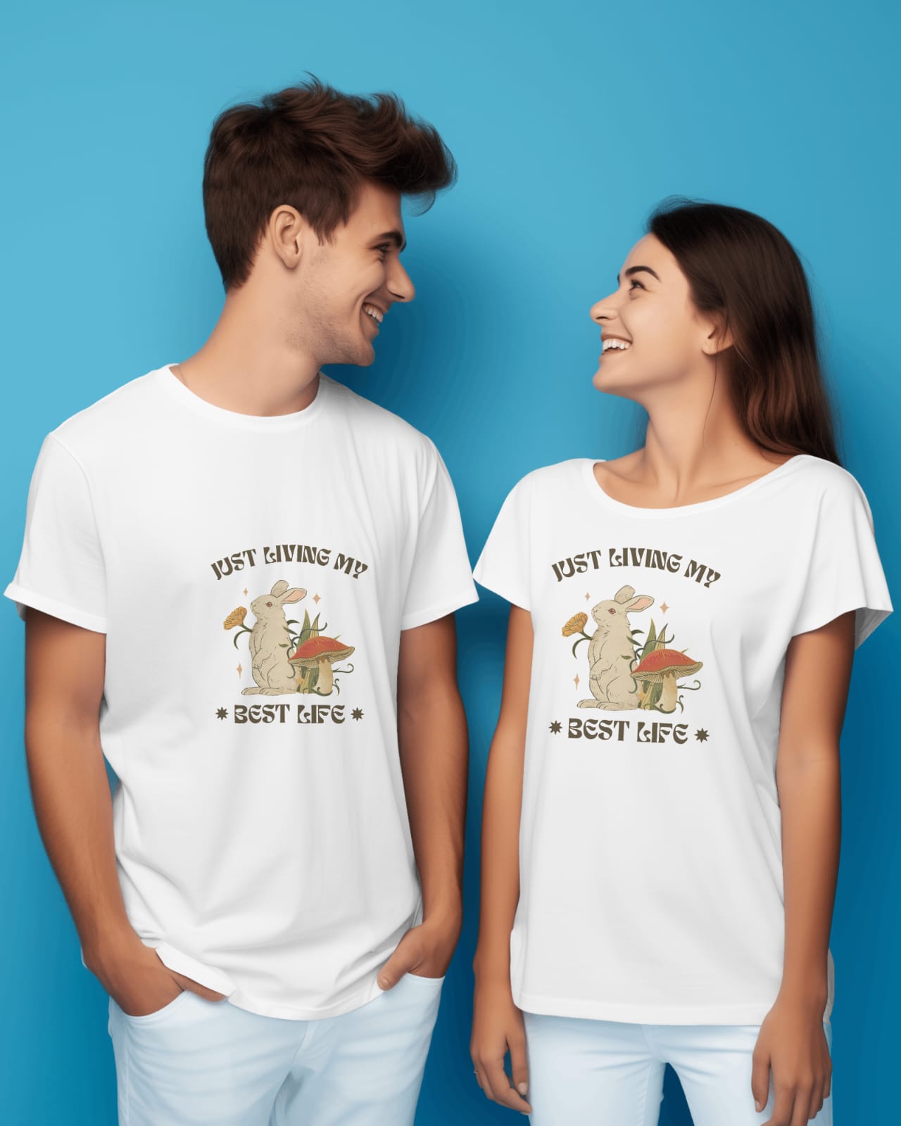 White Unisex short sleeve cotton bio wash T-Shirt with Mouse and Mushroom design