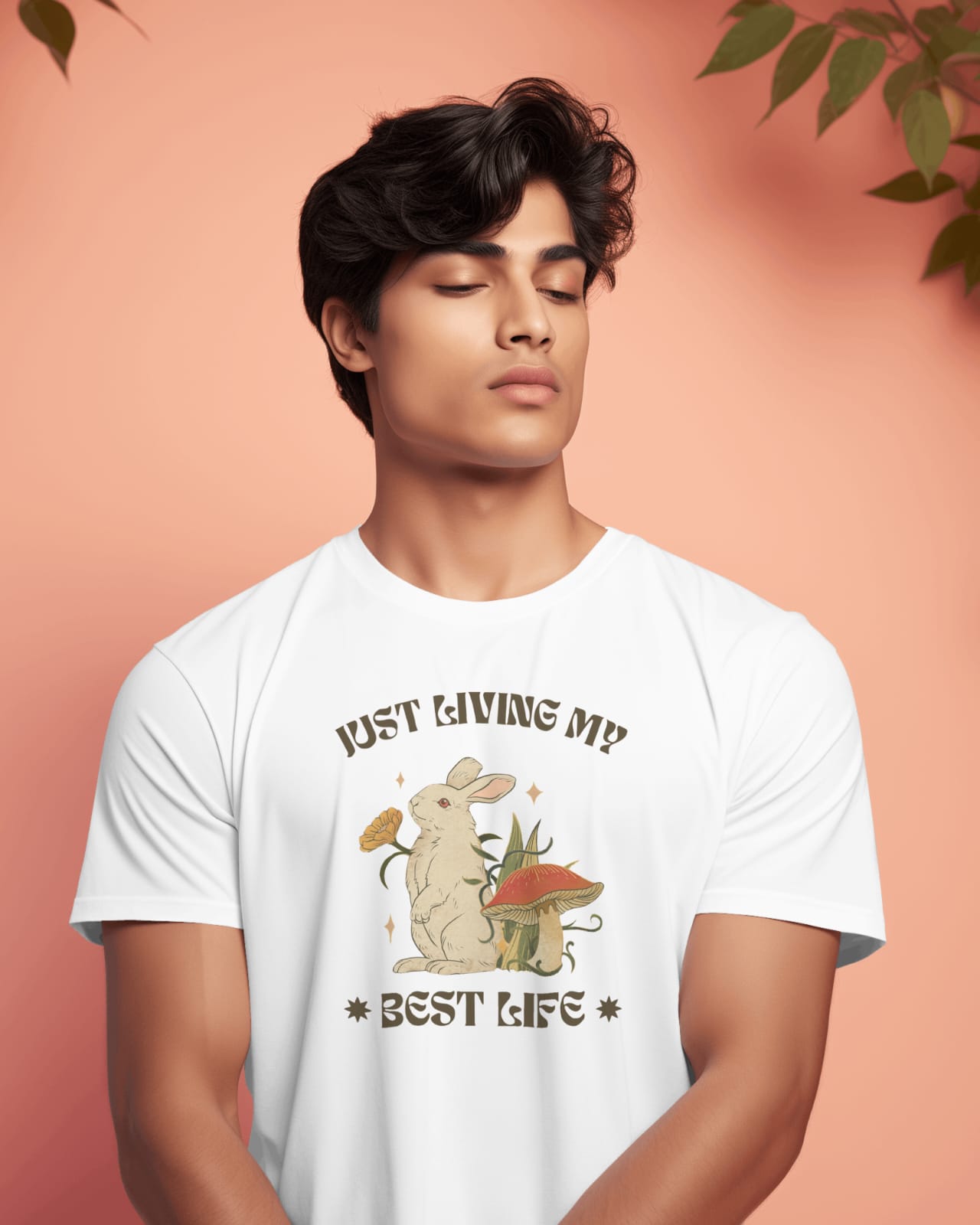 White Unisex short sleeve cotton bio wash T-Shirt with Mouse and Mushroom design