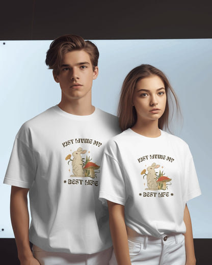 White Unisex short sleeve cotton bio wash T-Shirt with Mouse and Mushroom design