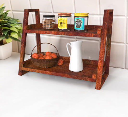 Handcrafted Mango Wood Kitchen Organizer – 2-Tier Storage Rack